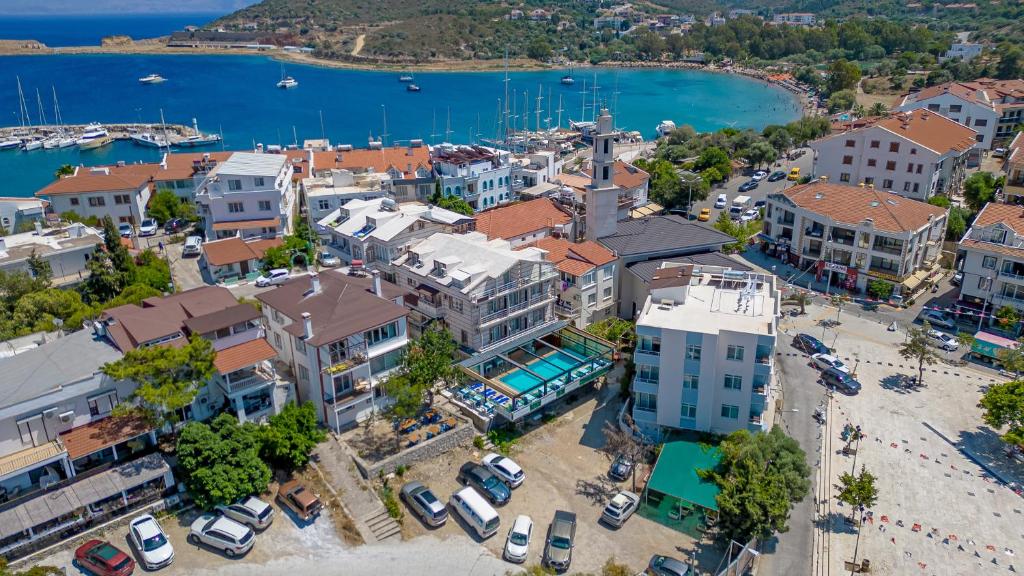 an aerial view of a city with a harbor at Huzur Royal Hotel in Datca