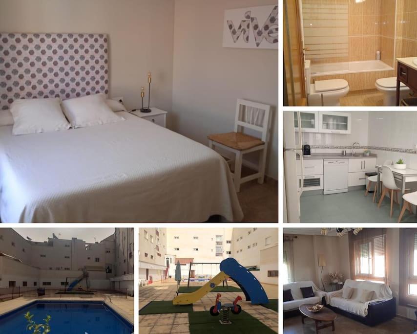uma colagem de fotografias de um quarto e uma casa de banho em Céntrico Piso, piscina y garaje em Calasparra