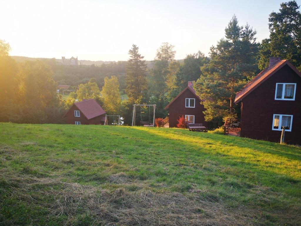 a group of houses on a hill with a grass field at BieszczadzkaDolina in Zagórz