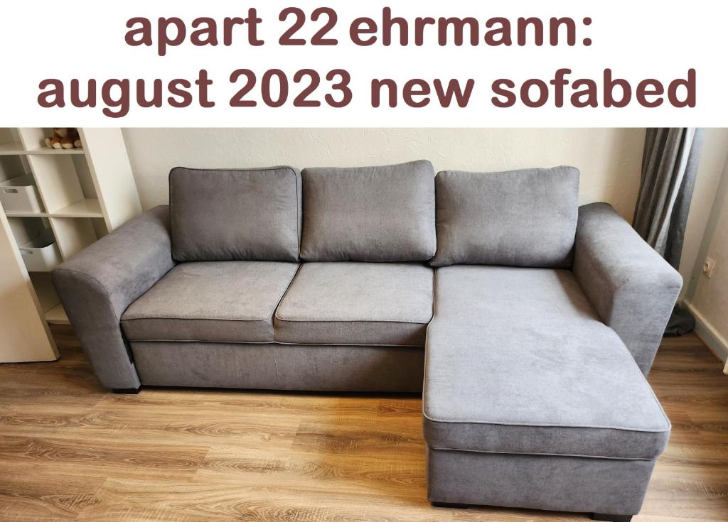 a grey couch in a living room with the words apr element august at Le 22 Ehrmann in Strasbourg
