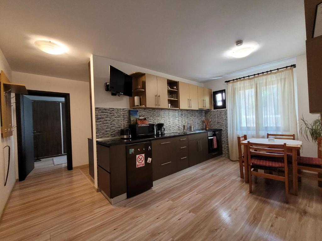 a kitchen and dining room with a table and a kitchen and a dining room at Central Place Apartment Timisoara in Timişoara