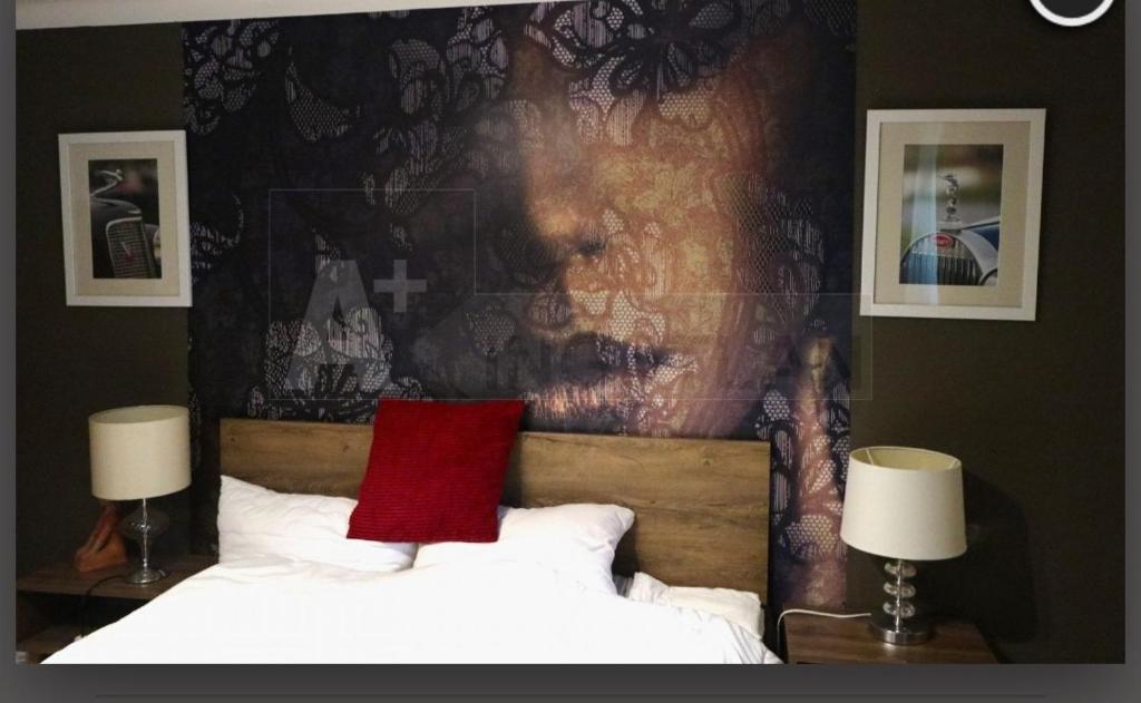 um quarto com uma almofada vermelha numa cama com 2 candeeiros em D6 apartment em Szeged