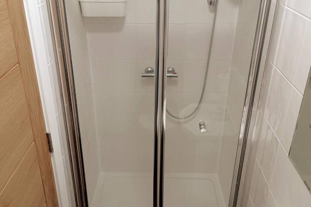 a shower with a glass door in a bathroom at Ovidio's House - Peaceful flat with Terrace Relax in London