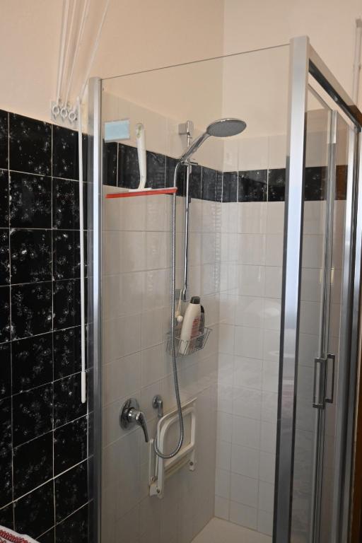 y baño con ducha y puerta de cristal. en Comfortable apartament 2 bedroom suitable 2-5 pax, en Bolonia