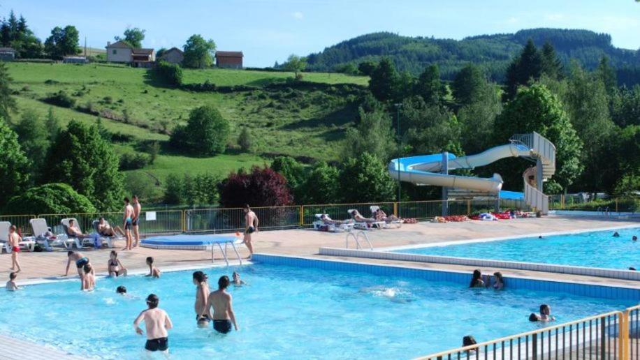 un grupo de personas en una piscina con tobogán en Les Douglas, en Matour