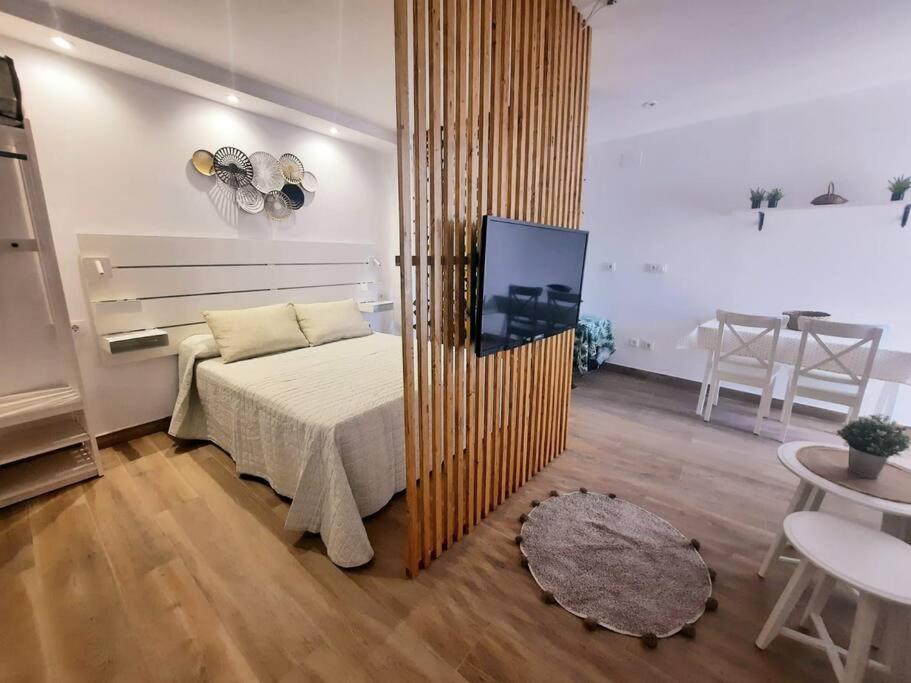 a bedroom with a bed and a tv and a table at Vive el Renacimiento: Cazuela in Baeza