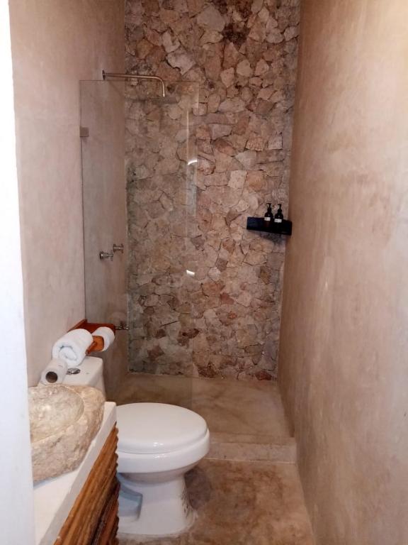 a bathroom with a toilet and a stone wall at Hotel Boutique Refugio 41 in Valladolid