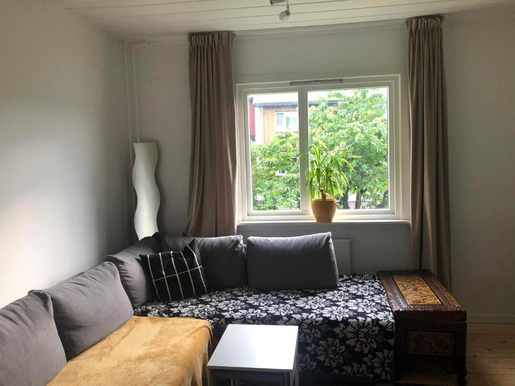 un soggiorno con divano e finestra di Grefsen/Central Oslo a Oslo