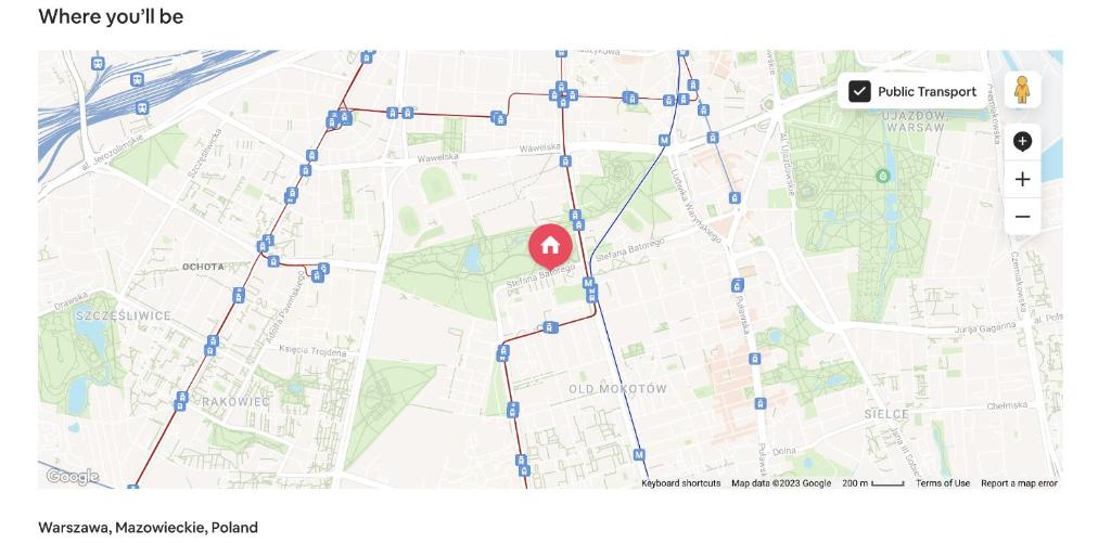una captura de pantalla de un mapa de Google con un marcador en Apartament Fala Cozy Design Metro SGH Klub Stodoła Parking Park View Very Fast Wifi, en Varsovia