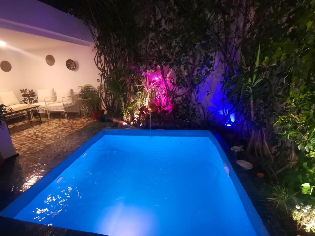 a swimming pool in the middle of a yard at night at 3 bedrooms appartement with private pool enclosed garden and wifi at Fes in Fez