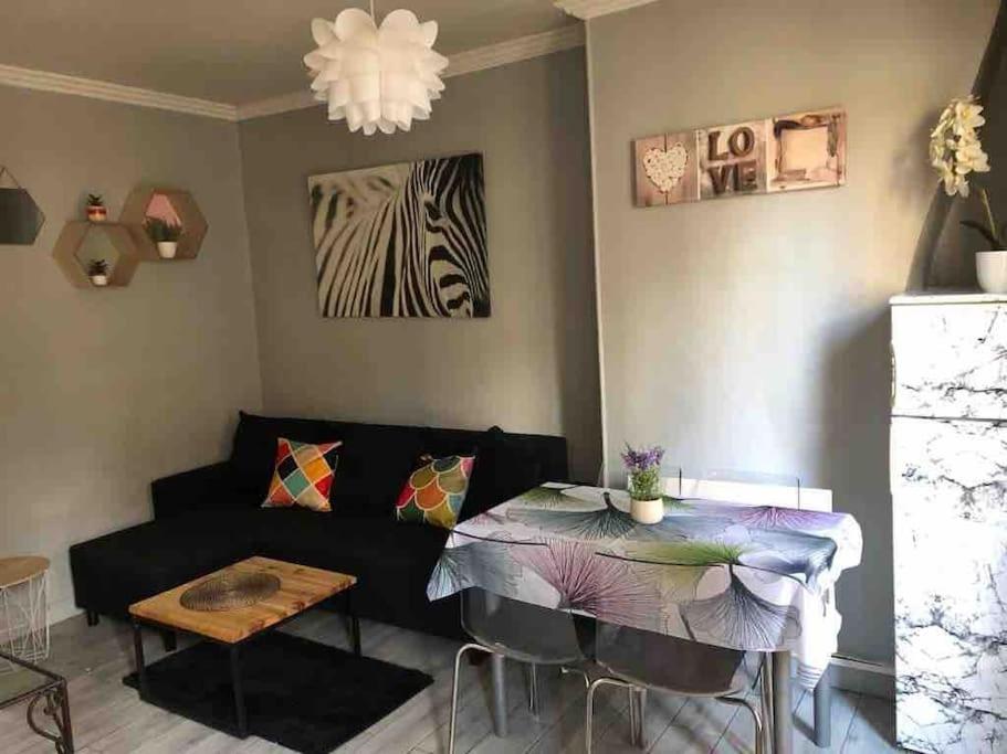 un salon avec un canapé noir et une table dans l'établissement Charmant appartement 2 pieces à 7 mn de paris, à Aubervilliers