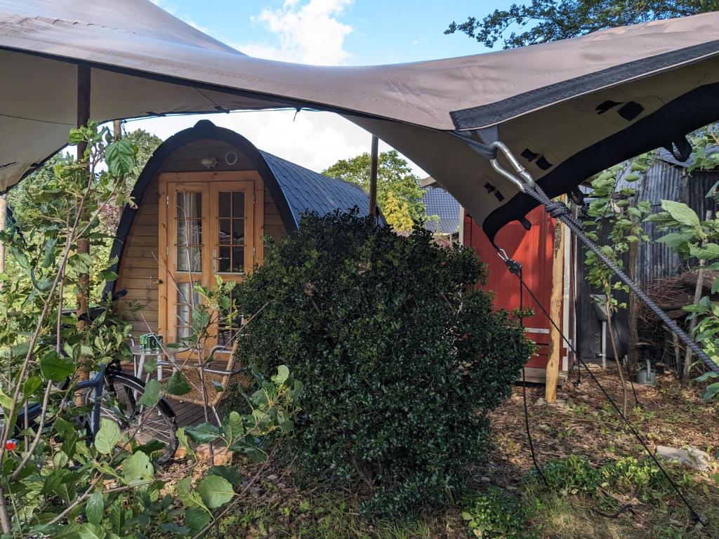 a small cabin in a yard with a tent at Luxe glamping "De Steenuil" met sauna in Volkel