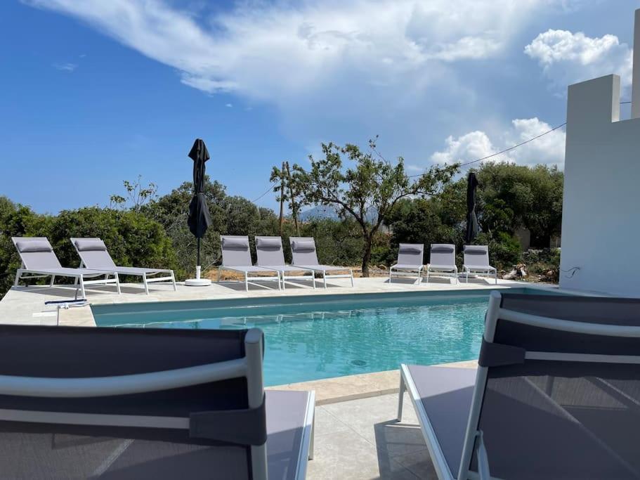 a swimming pool with lounge chairs and a swimming pool at Villa de standing in Calvi