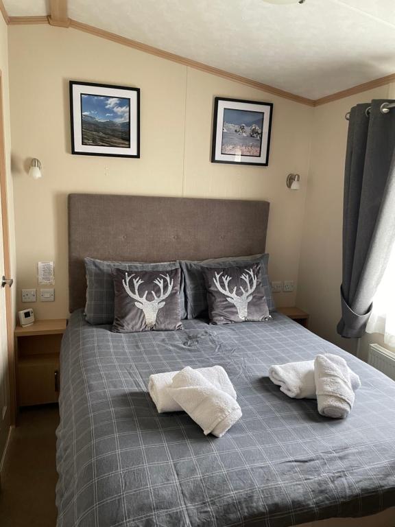 una camera da letto con un letto e due asciugamani di Freedom Lodge - Aviemore with FREE Starlink Superfast broadband 150mbps - Pet Free ad Aviemore