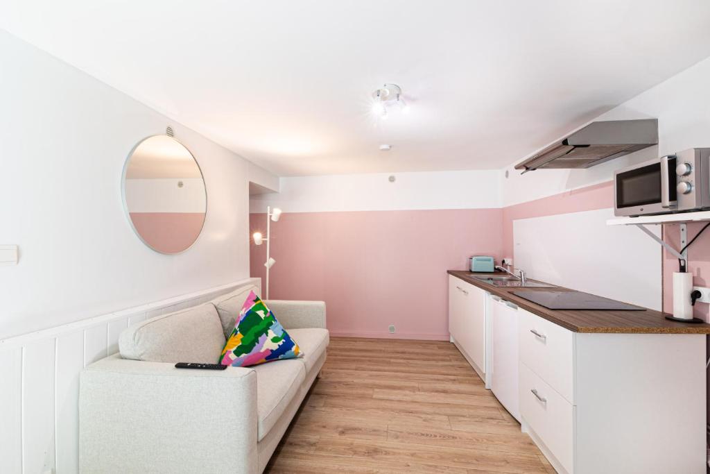sala de estar con sofá y cocina en La vie en rose - appartement cosy - centre ville, en Auch