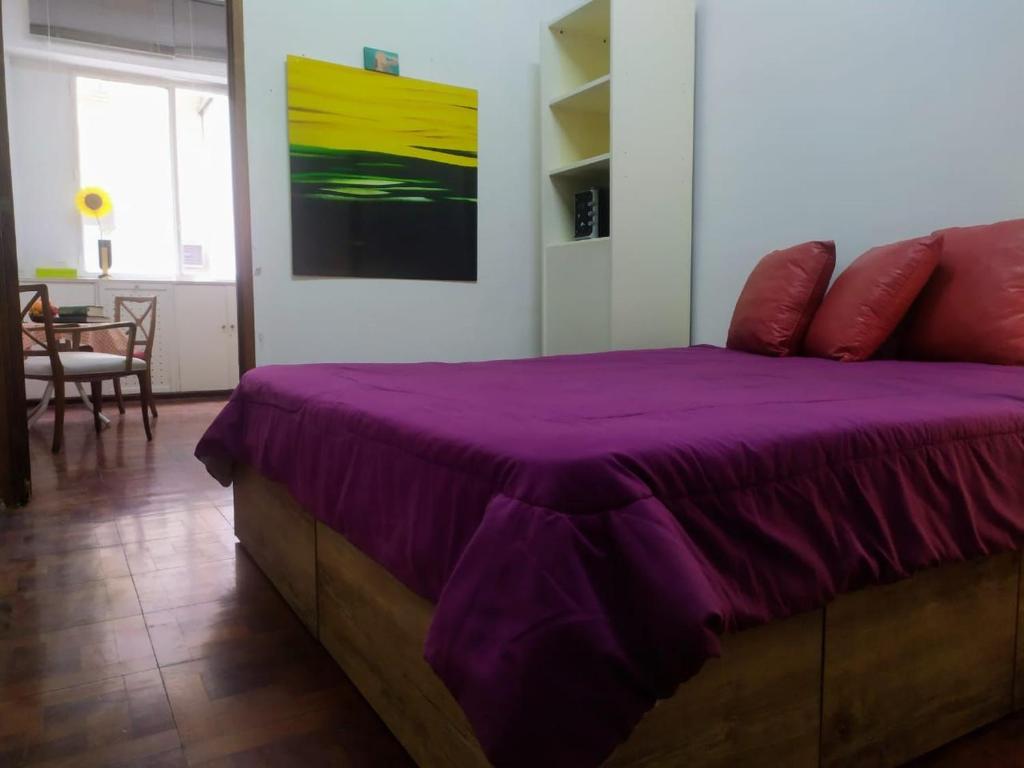 a bedroom with a purple comforter on a bed at CASA MAYO - Mini DEPTO 2 AMB - BAÑO COMPARTIDO in Buenos Aires