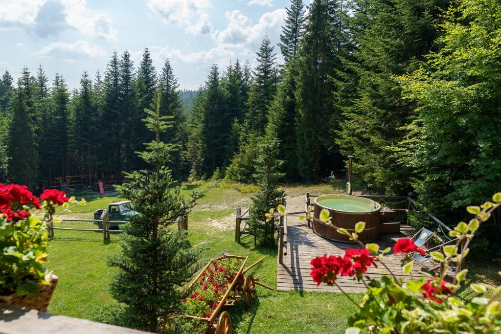 a garden with a boat on a wooden deck at Leśna Bacówka in Nowy Targ