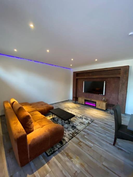 a living room with a couch and a television at Bronzetaler in Bad Harzburg