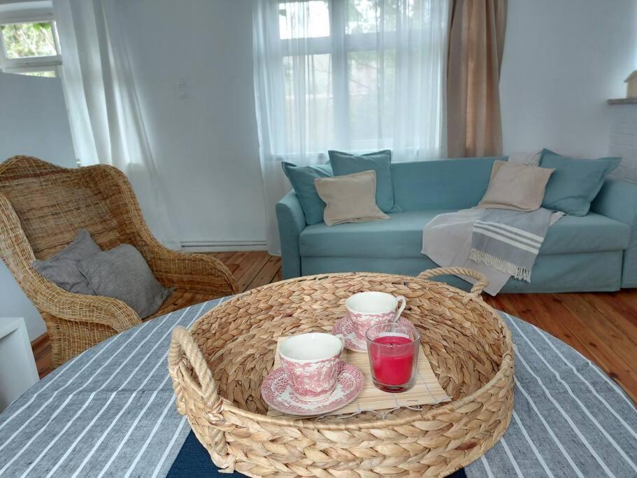 uma sala de estar com uma mesa e um sofá em BIAŁY DOMEK w Puszczykowie em Puszczykowo