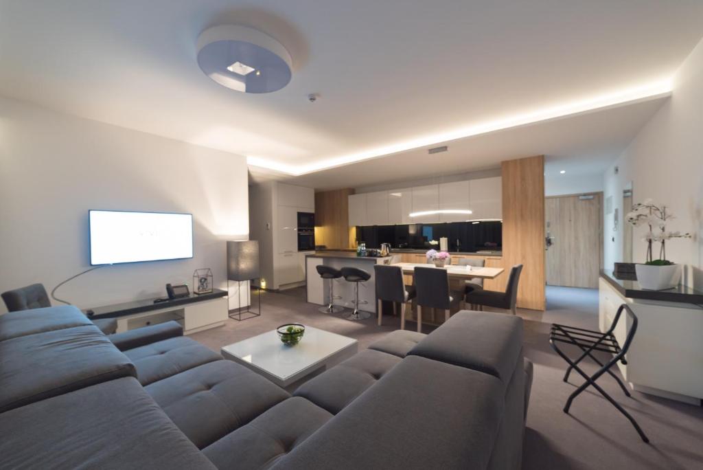 sala de estar amplia con sofá y cocina en Apart-Hotel VIVI RESIDENCE & SPA, en Żory