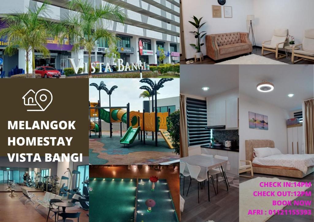 a collage of photos of a hotel with a playground at Melangok Homestay in Kajang