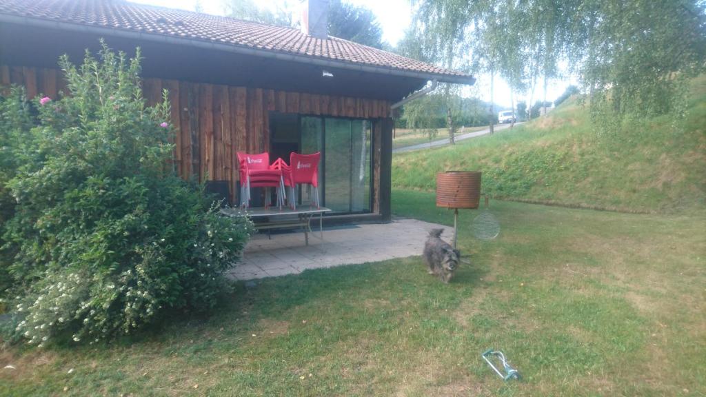 une cabine avec des chaises rouges et un chien dans la cour dans l'établissement Gîte renové au calme 1 à 14 personnes, à La Bresse