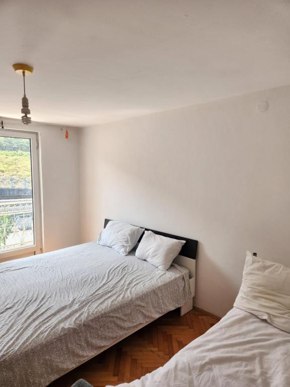 um quarto com 2 camas ao lado de uma janela em House ViS em Dimitrovgrad