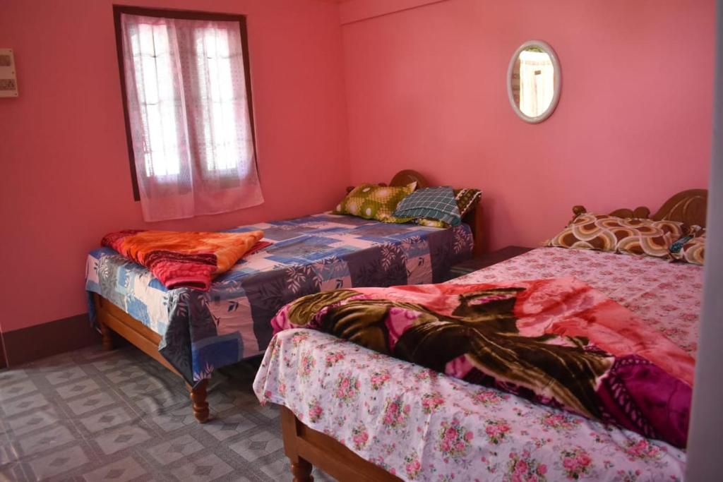 two beds in a room with pink walls at Manas Ray Homestay in Jyoti Gaon