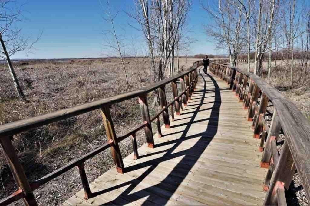 a person walking on a wooden bridge over a field at Apto. Singular en la Mancha Banco de Inversiones in Argamasilla de Alba