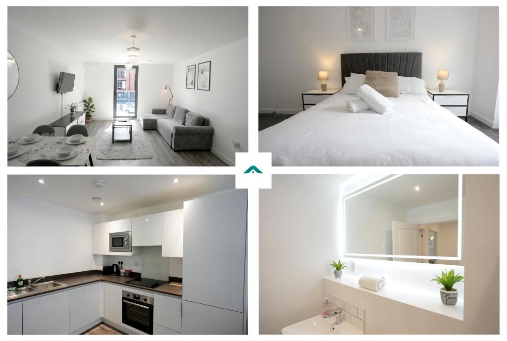 un collage de fotos de un dormitorio y una sala de estar en Cosy 1 bed - Heart of Birmingham, en Birmingham