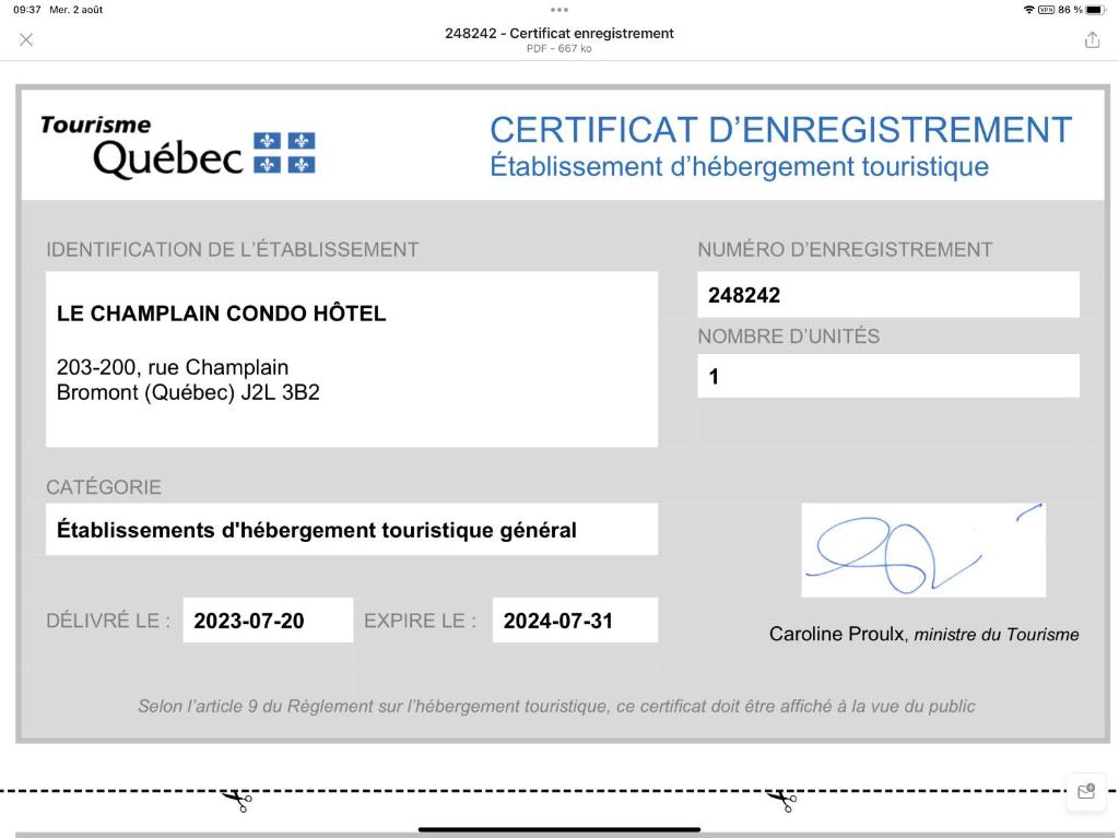 Certifikát, hodnocení, plakát nebo jiný dokument vystavený v ubytování Le Champlain Condo-Hôtel