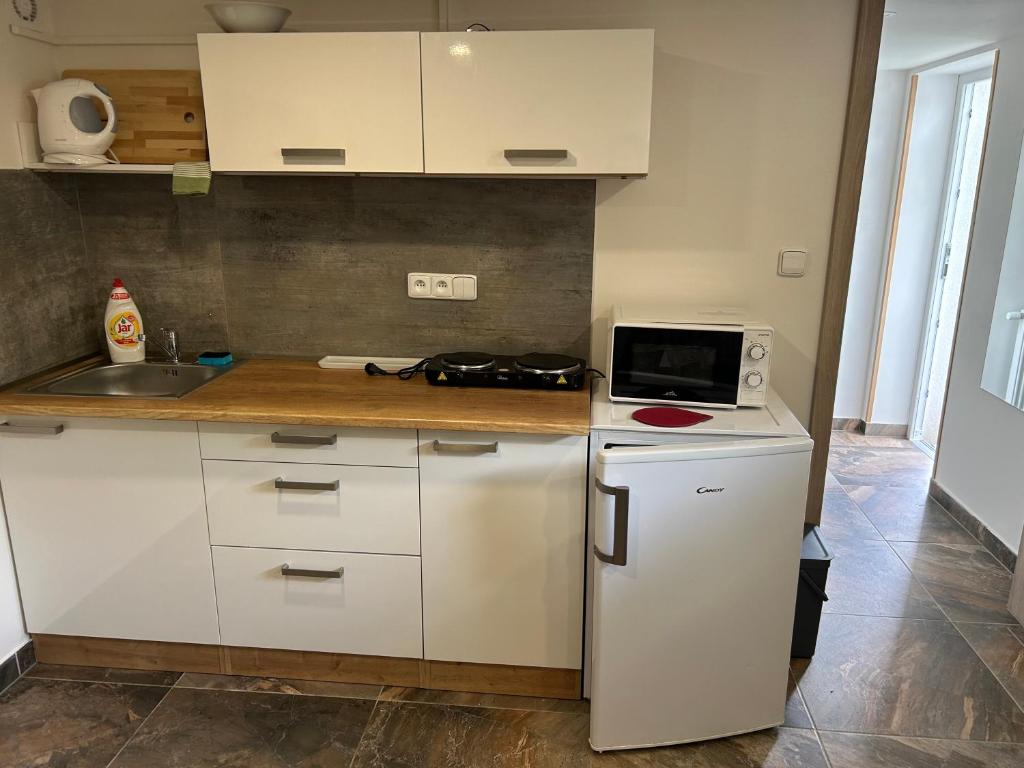 a kitchen with a white refrigerator and a microwave at Zahradní dům in Prague