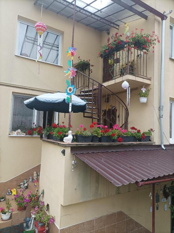 uma varanda com flores e um guarda-chuva num edifício em Locuința două dormitoare pt 3-4persoane em Cluj-Napoca