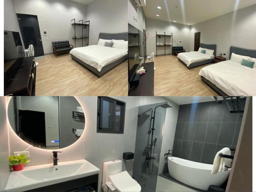 Habitación de hotel con 2 camas y baño en 燕旅宿 en Neipu