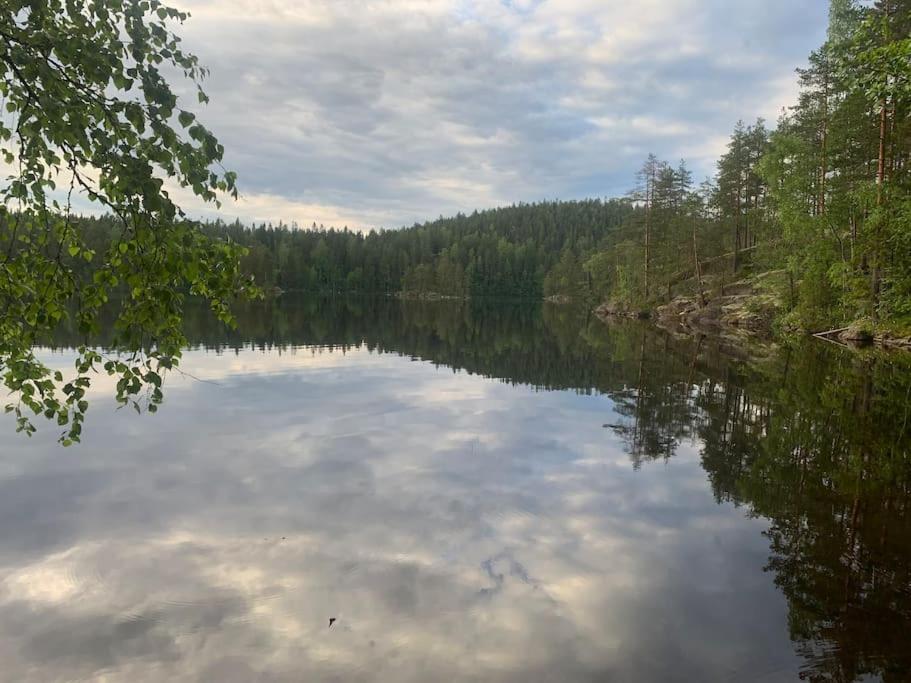 a view of a lake with trees and clouds in the water at Rauhallinen mökki luonnon keskellä. in Orivesi