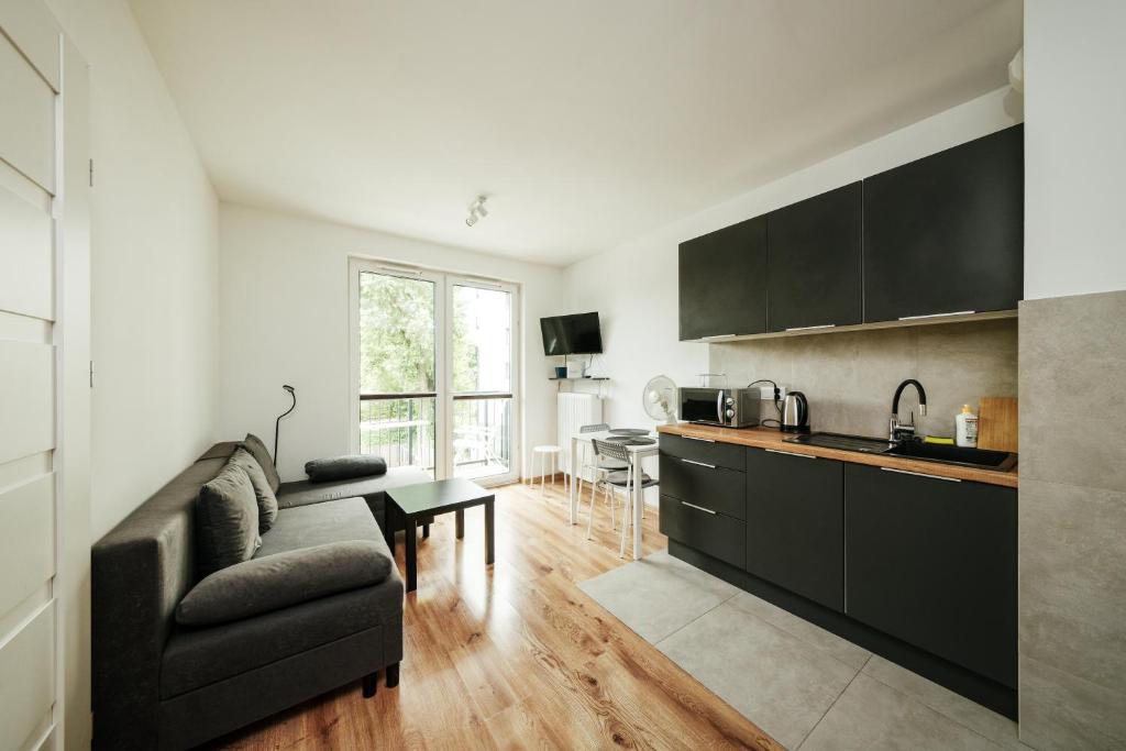a kitchen and living room with a couch and a table at Wygodny apartament niedaleko centrum, free parking, Air Condition in Krakow