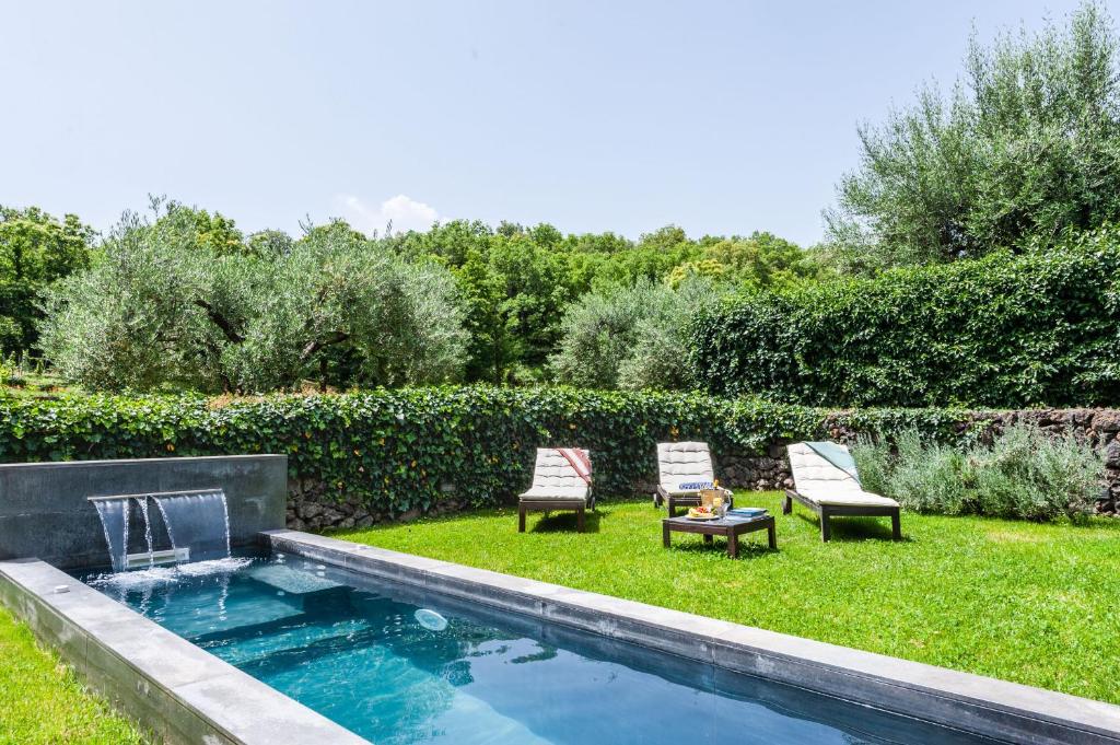 einen Hinterhof mit einem Pool und zwei Stühlen und einer Katze, die auf einem Tisch sitzt in der Unterkunft Terrazze dell'Etna - Country rooms and apartments in Randazzo