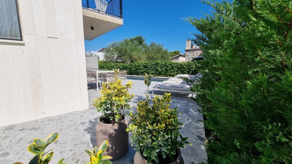 a garden with potted plants on a patio at Delta House - Alfa apartment in Zadar