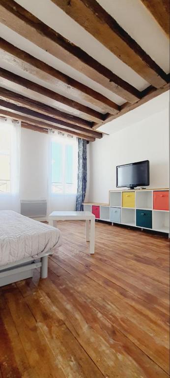 a room with a bed and a table and a tv at Attrayant studio tout équipé en Bord de Marne - Proche Disney in La Ferté-sous-Jouarre