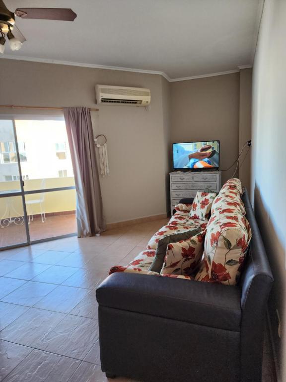 a living room with a couch and a tv at AMPLIO DEPARTAMENTO CENTRICO in San Pedro
