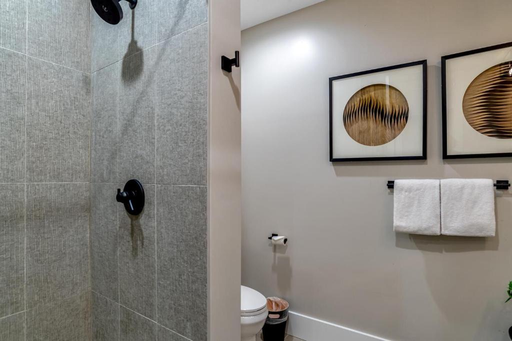 a bathroom with a shower and a toilet at Unbelievable Downtown Condo in Asheville