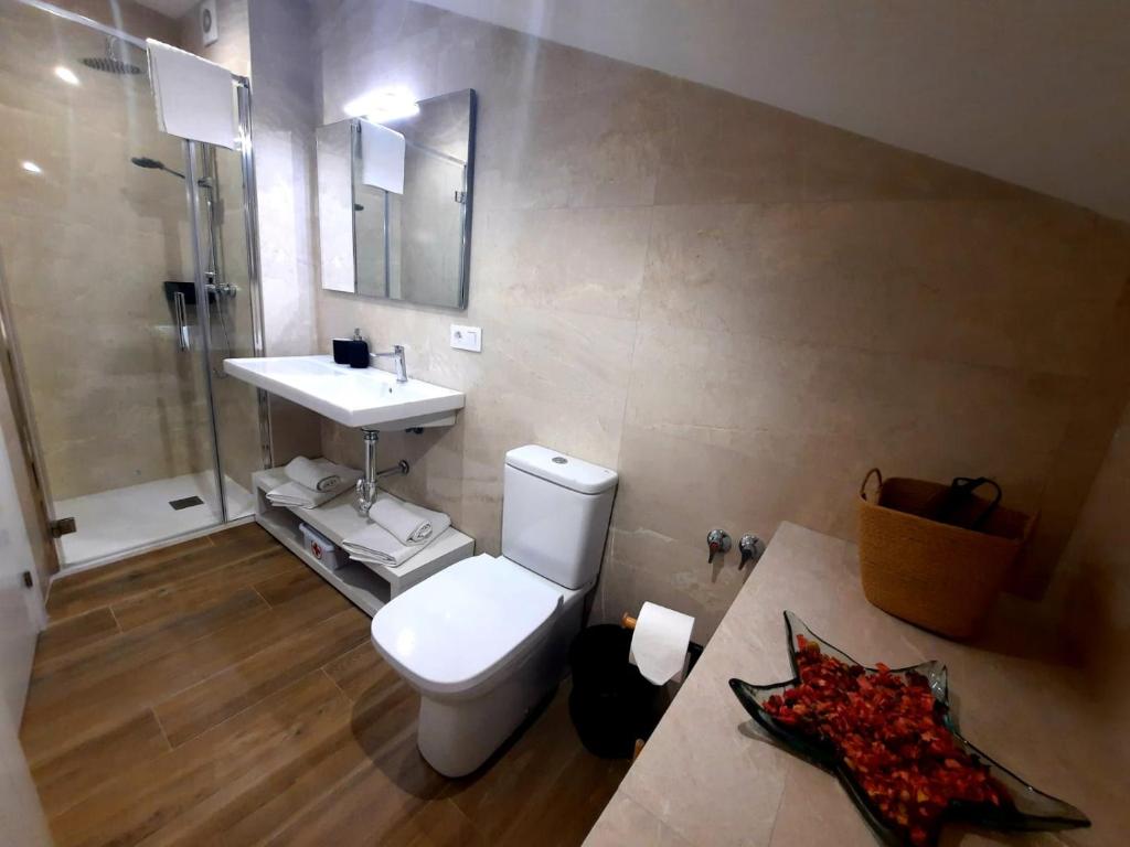 La salle de bains est pourvue de toilettes blanches et d'un lavabo. dans l'établissement Vive el Renacimiento: Hornazo, à Baeza