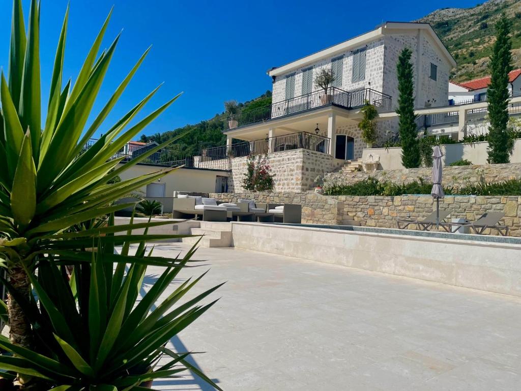 a house with a palm tree in front of it at Villa Portico in Budva