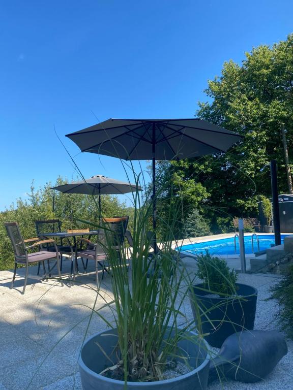 patio con tavolo e ombrellone accanto alla piscina di Relax House Lara in Krapinske Toplice a Krapinske Toplice
