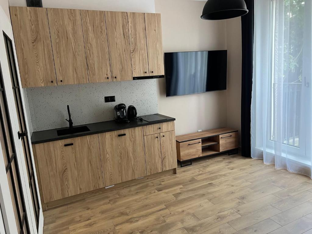 cocina con armarios de madera y TV de pantalla plana. en Aquarius Kilińskiego 3, en Grodzisk Mazowiecki