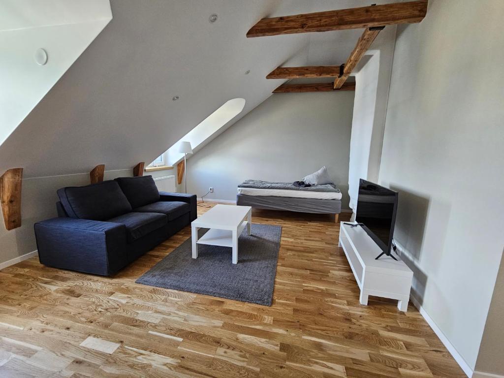 een woonkamer met een bank en een tv bij Home Inn PLG19 in Stockholm