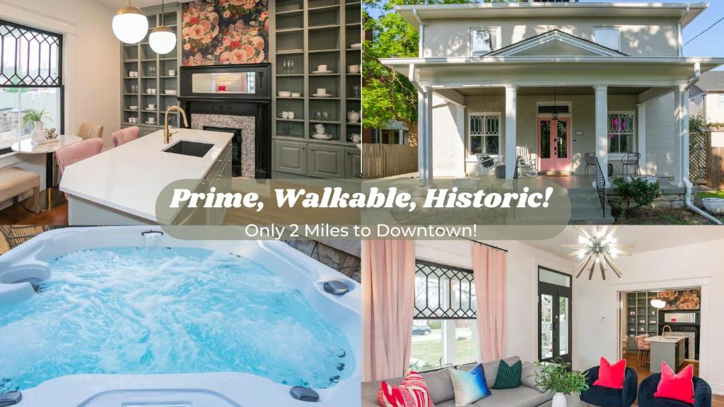 eine Collage mit Fotos eines Herrenhauses mit Whirlpool in der Unterkunft Prime Walkable Location Spacious Home w Hot Tub in Nashville