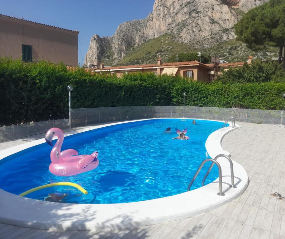 una piscina con un flamenco rosa en el agua en Villa Eufrosine en Palermo