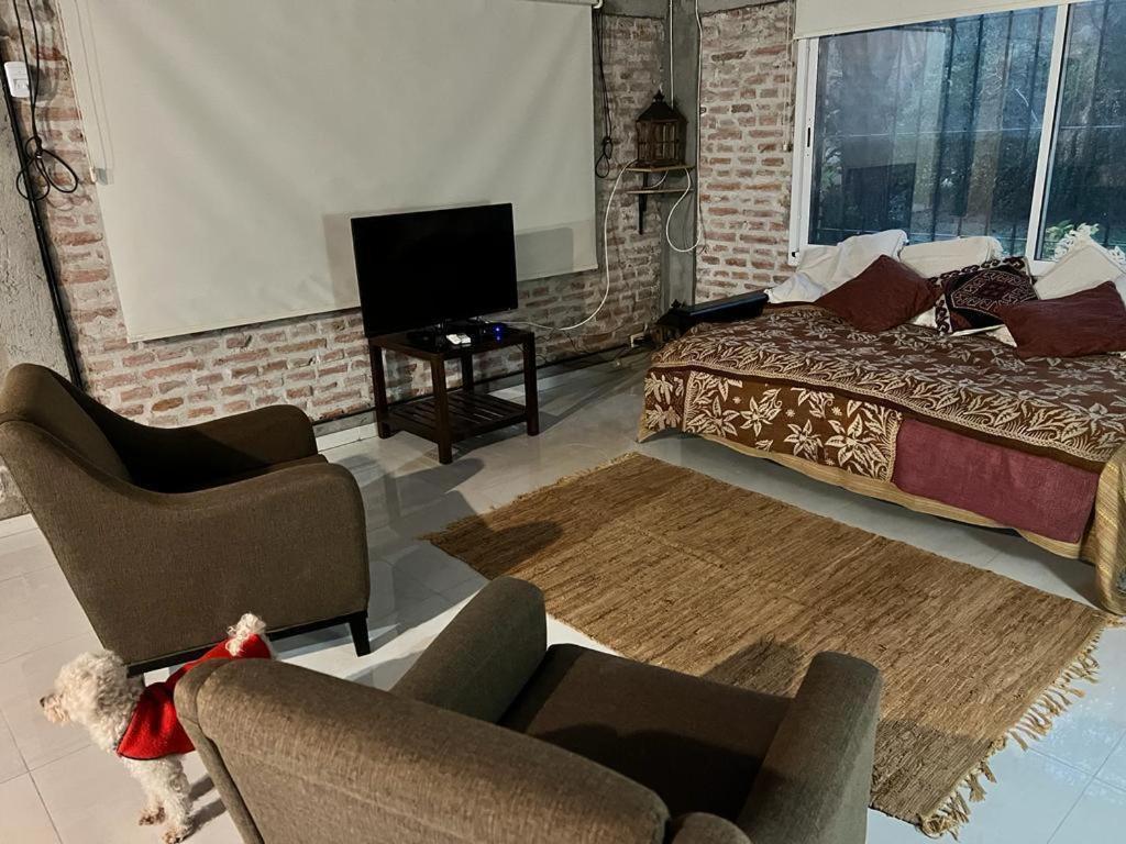a living room with a bed and a couch and chairs at La Santa Rita Casa con Encanto! in San Fernando del Valle de Catamarca