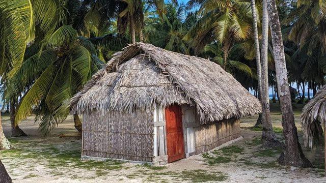 Cabaña pequeña con techo de paja y puerta roja en Cabañas tradicionales en isla Aroma en Warsobtugua